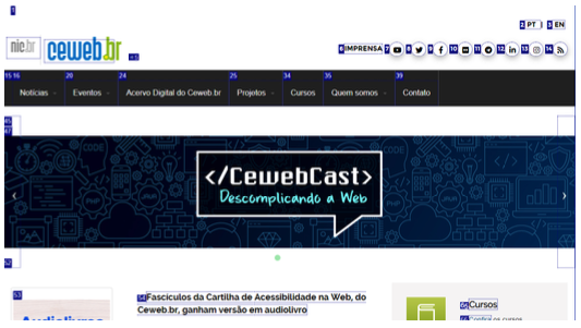 Captura de tela do site do Ceweb.br mostrando os links de navegação