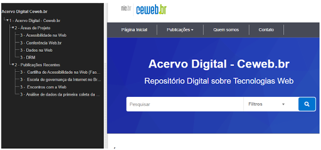 Captura de tela do site Ceweb.br com a estrutura de cabeçalhos exibida ao lado
