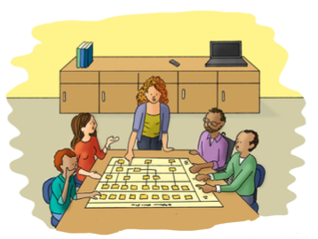 Ilustração de uma reunião de projetos. São 5 pessoas em uma sala em volta de uma mesa analisando um organograma de papel.