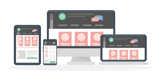 Ilustração de vários dispositivos mostrando o mesmo site, representando o design responsivo